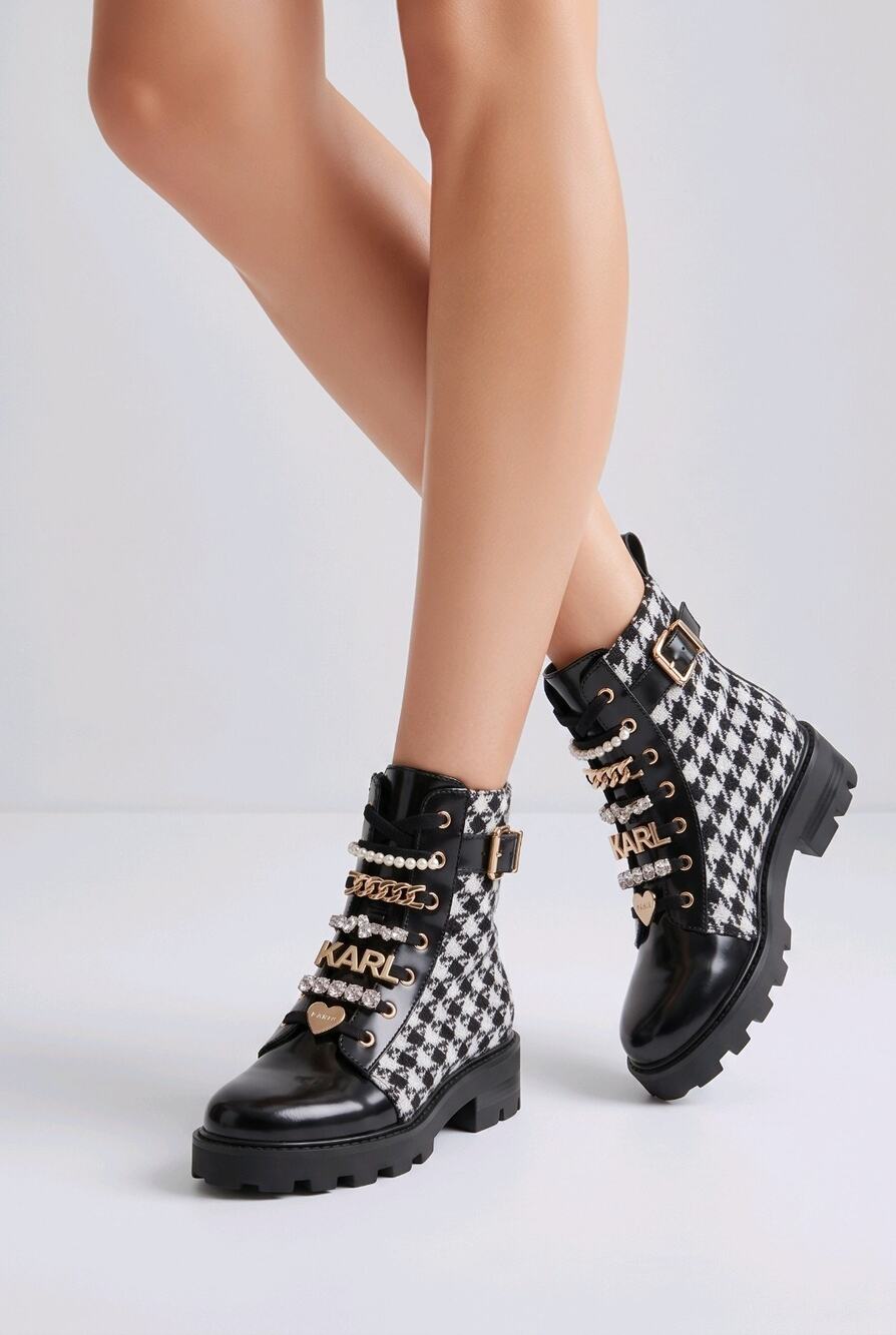 KARL LAGERFELD PARIS Women's Leather Houndstooth Combat Ankle Boots 8
